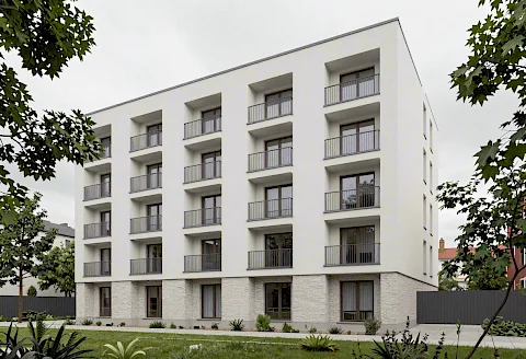 Wohnquartier Nordbahnviertel – Außenansicht mit Balkonen und Vorgarten