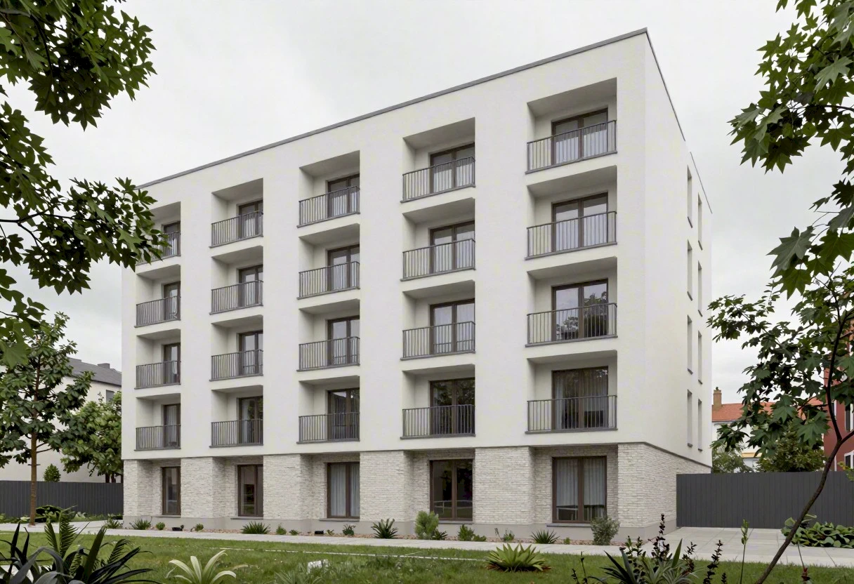Wohnquartier Nordbahnviertel – Außenansicht mit Balkonen und Vorgarten