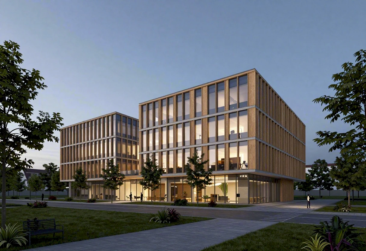 Bürocampus Reininghaus – Fassade aus Holz und Glas zur blauen Stunde