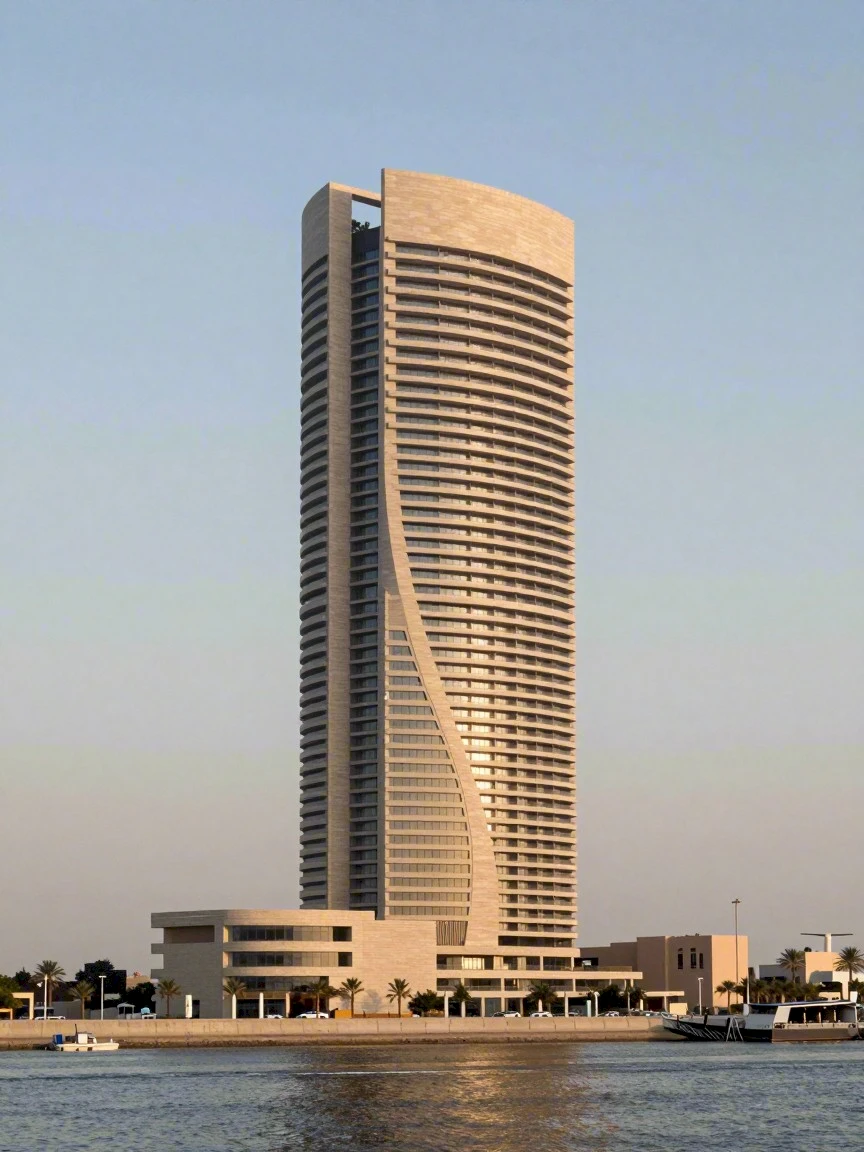 Creek Gate Tower – Hochhaus mit horizontalen Verschattungslamellen am Wasser